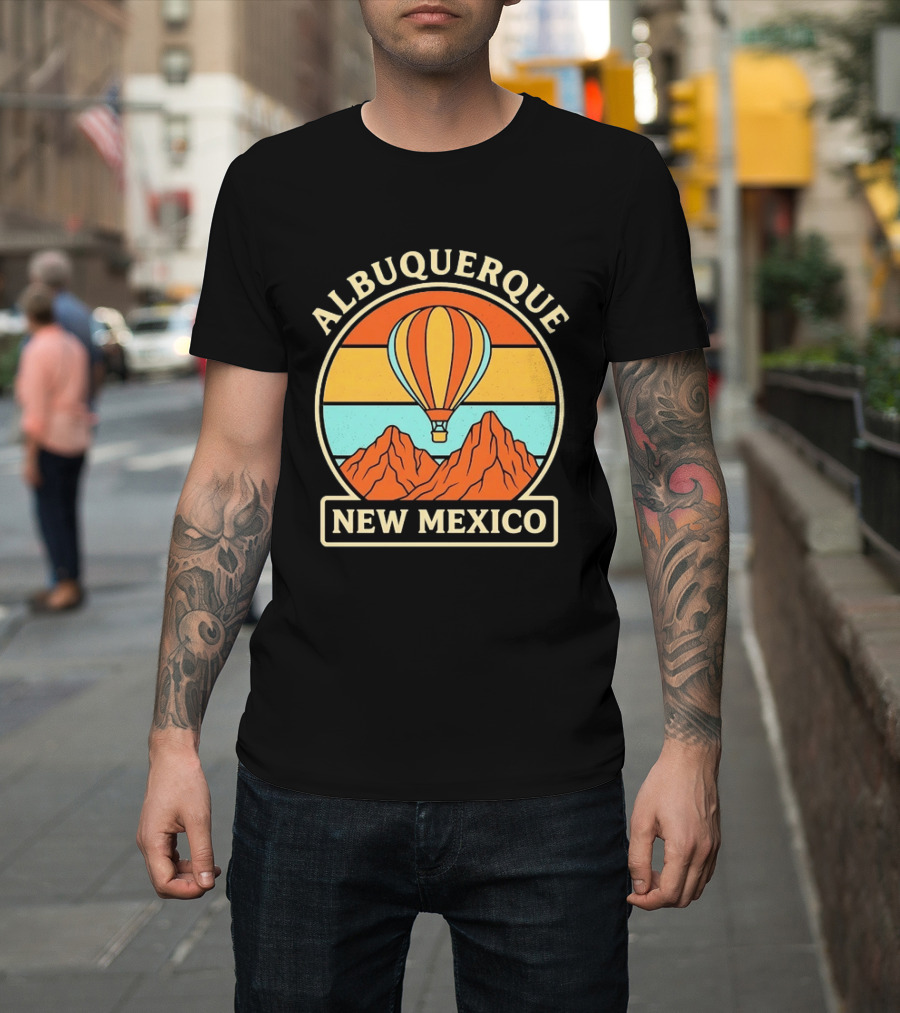 Albuquerque New Mexico Hot Air Balloon Over Mountains T-Shirt