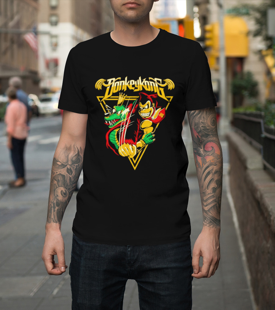 Donkey Kong Cartoon Retro Style Triangular Battle Scene T-Shirt