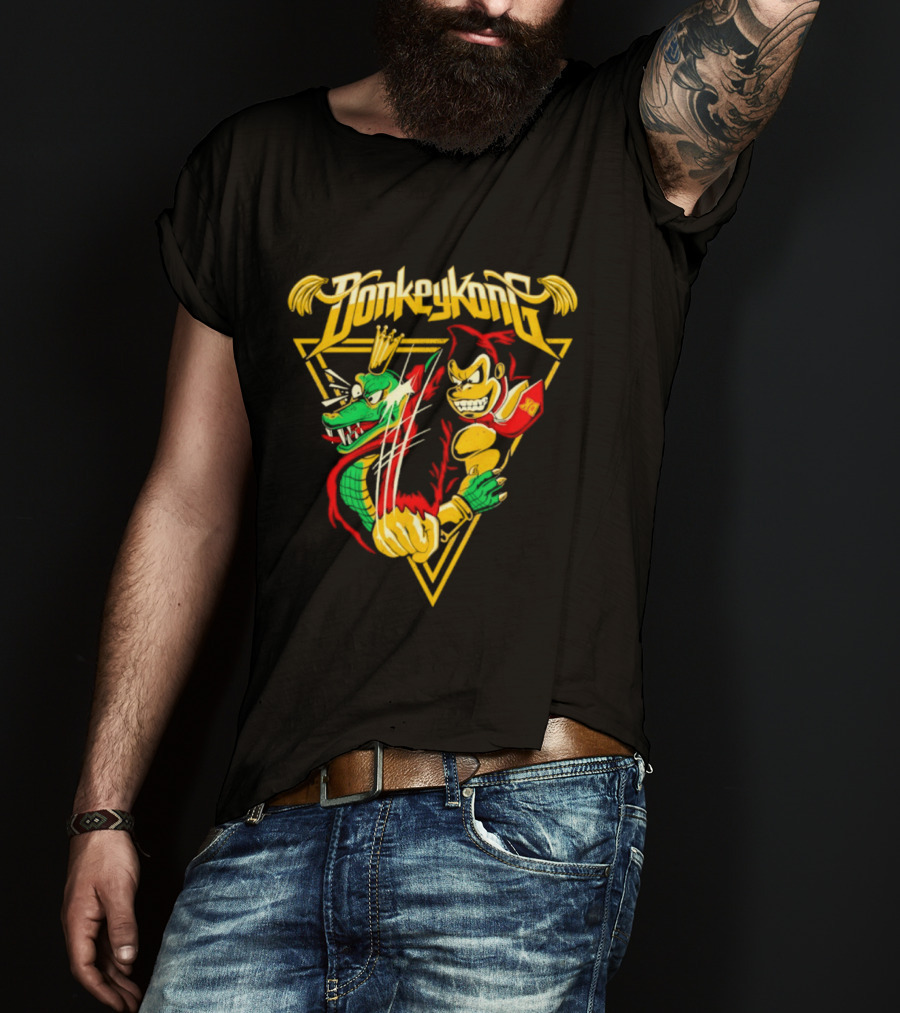 Donkey Kong Cartoon Retro Style Triangular Battle Scene T-Shirt