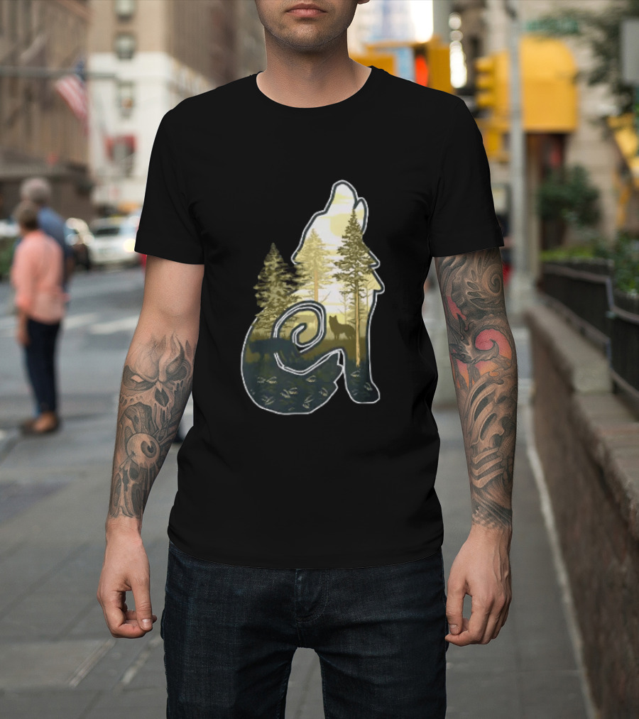 Wolf Howling Forest Scene Fahlo Nature Wildlife T-Shirt