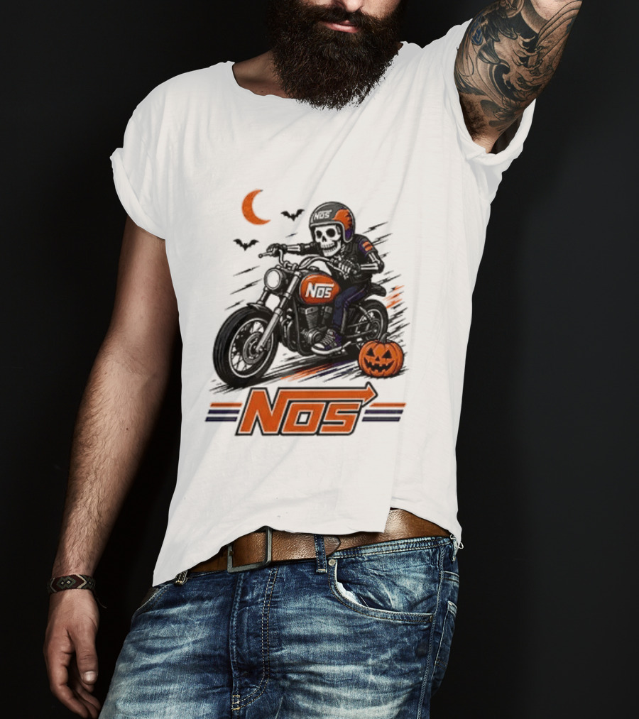 NOS Skeleton Biker Halloween Pumpkin Moon Bats T-Shirt