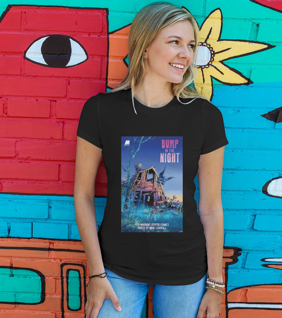 Eco Horror Cryptid Comics Edited By Paul Carroll Bump In The Night JB Comics Abandoned House And Mysterious Creature T-Shirt