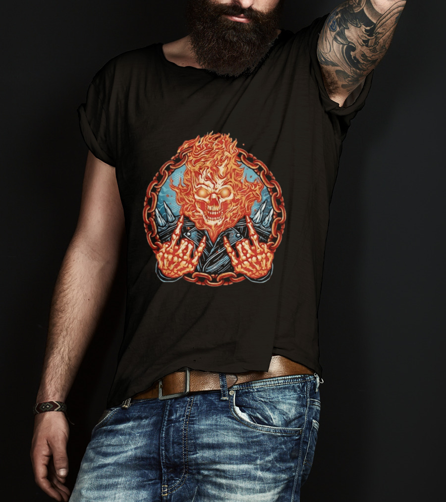 Ghost Rider Flaming Skull Heavy Metal Fiery Chain Rock And Roll T-Shirt