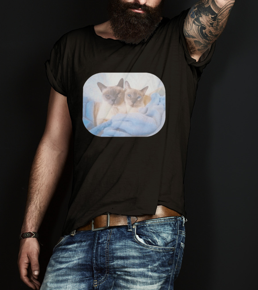 Siamese Cats Snuggling In Blue Blanket T-Shirt