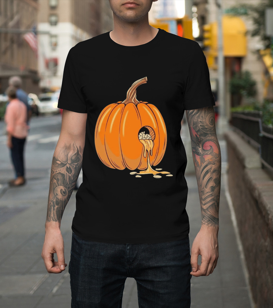 Gourdy Hole Halloween Pumpkin With Seeds Streaming Out T-Shirt