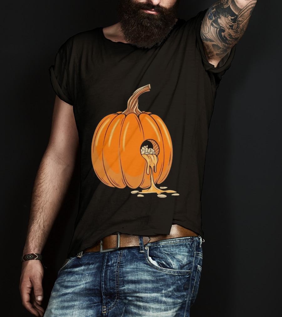 Gourdy Hole Halloween Pumpkin With Seeds Streaming Out T-Shirt