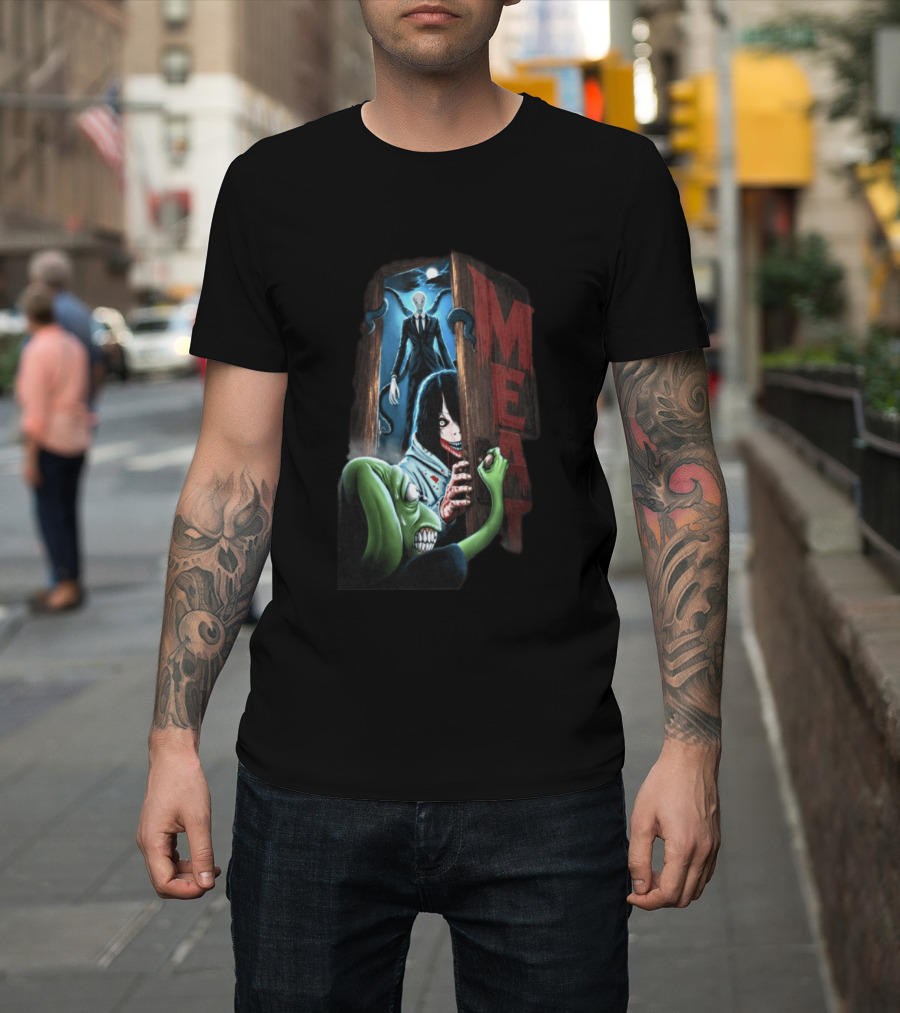 Meatcanyon Store Knock Knock Creepy Distressed Characters Horror Scene T-Shirt