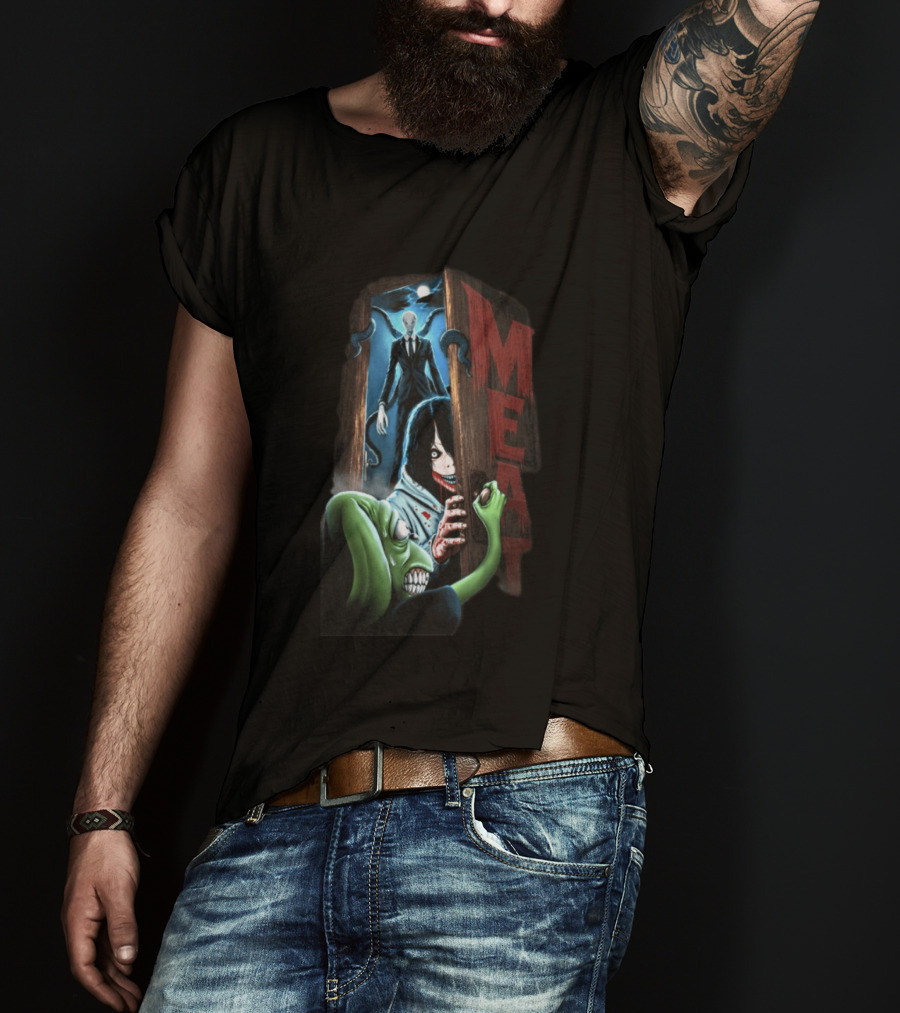 Meatcanyon Store Knock Knock Creepy Distressed Characters Horror Scene T-Shirt