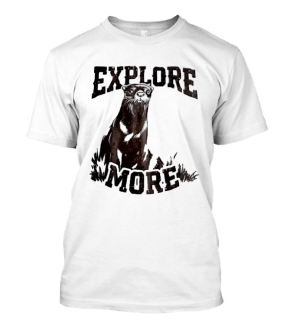 Explore More River Otter Tall Grass Distressed Woodcut Black White T-Shirt