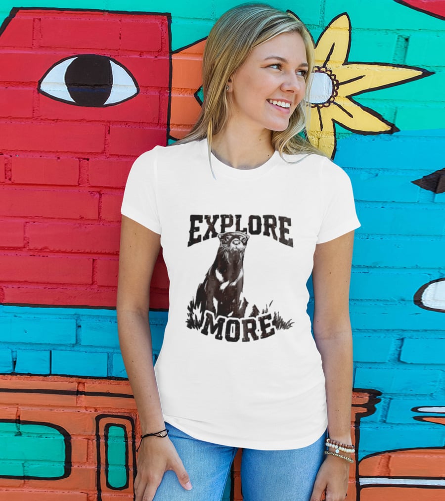 Explore More River Otter Tall Grass Distressed Woodcut Black White T-Shirt