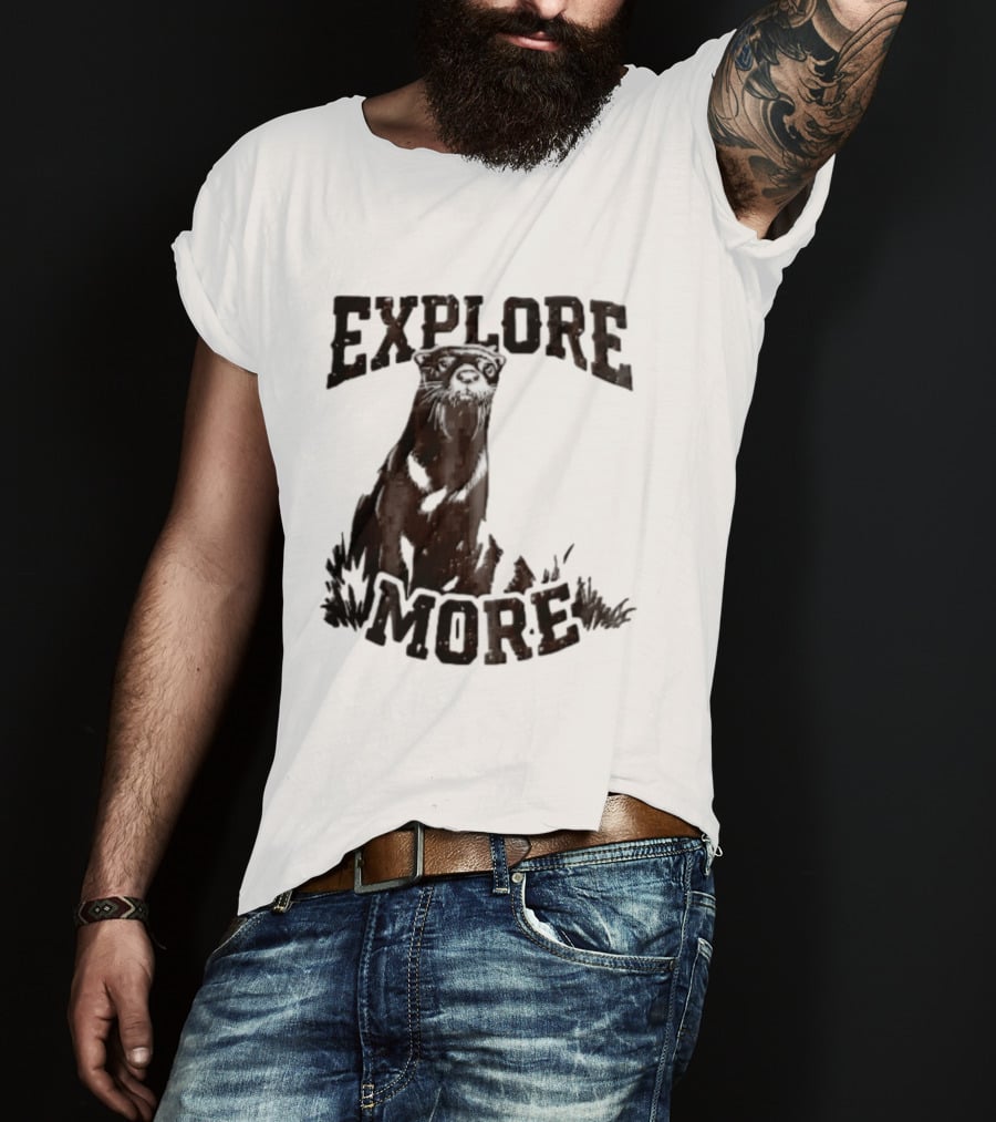 Explore More River Otter Tall Grass Distressed Woodcut Black White T-Shirt