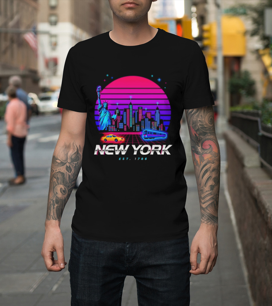New York Est 1786 Cityscape Synthwave Statue Of Liberty Neon Skyline Retro Car T-Shirt
