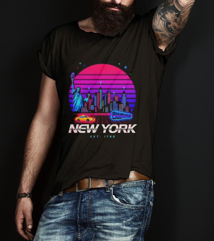New York Est 1786 Cityscape Synthwave Statue Of Liberty Neon Skyline Retro Car T-Shirt