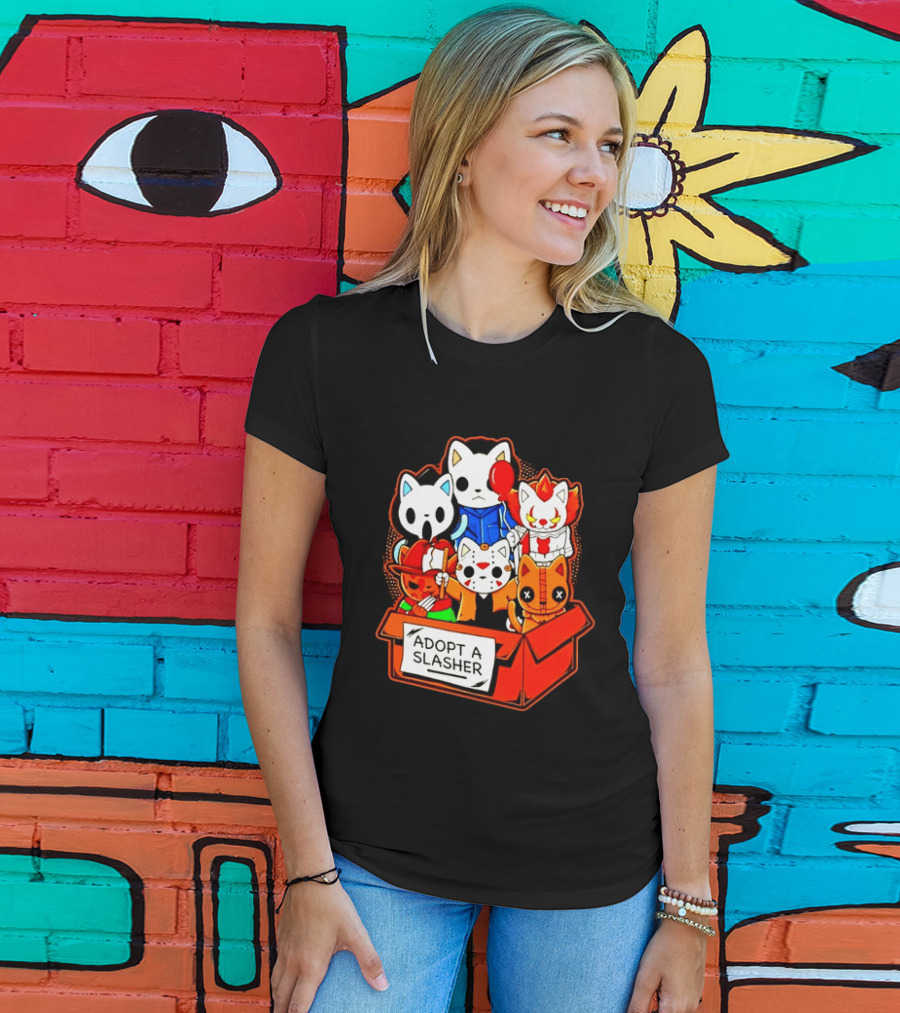 Adopt A Slasher Horror Movie Cat Characters Box Featuring Iconic Halloween Villains T-Shirt