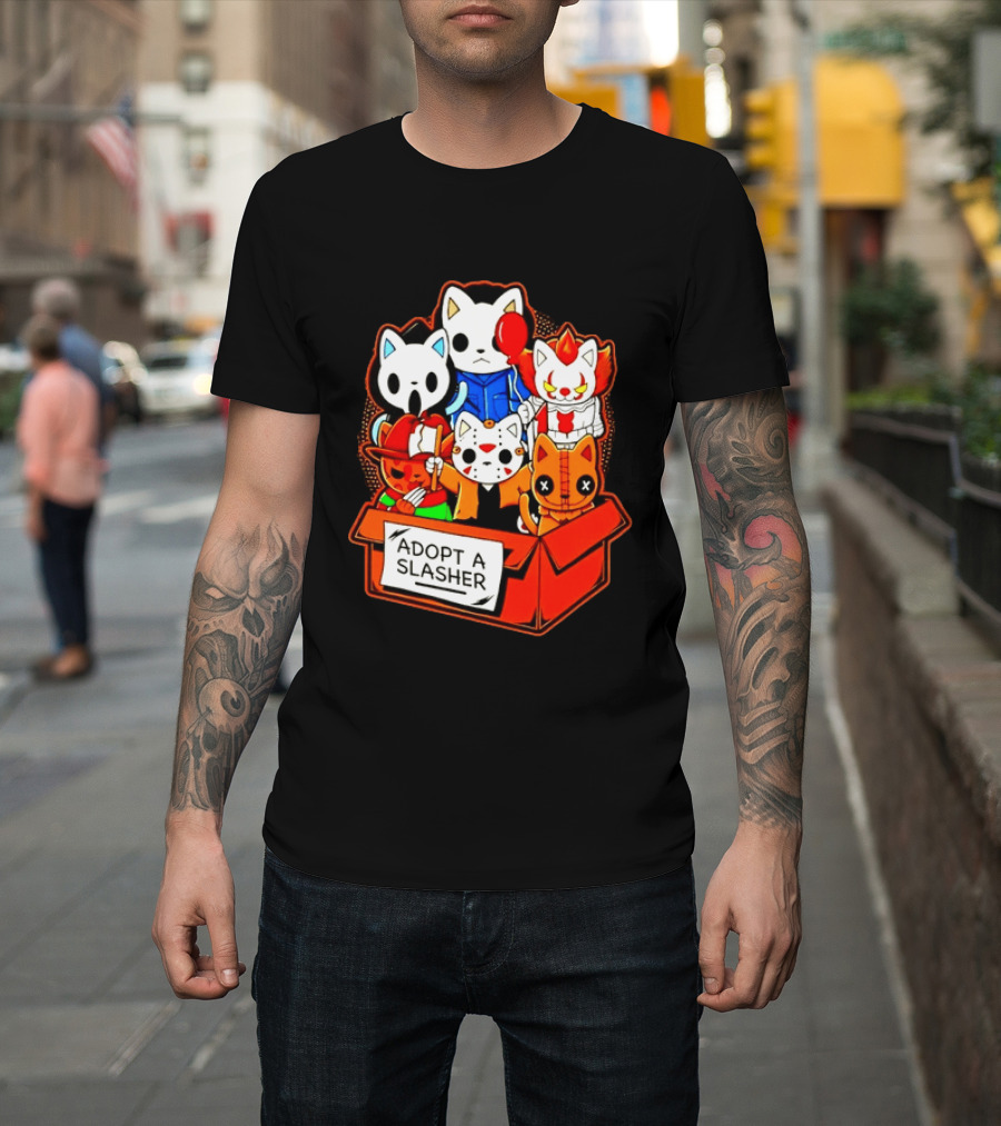 Adopt A Slasher Horror Movie Cat Characters Box Featuring Iconic Halloween Villains T-Shirt