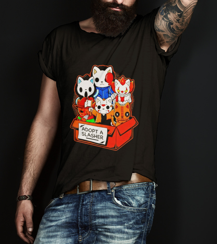 Adopt A Slasher Horror Movie Cat Characters Box Featuring Iconic Halloween Villains T-Shirt