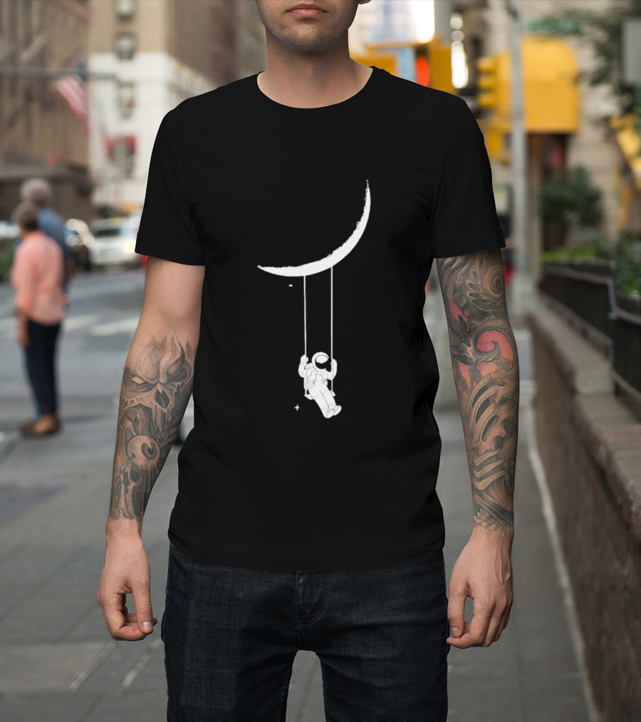 Astronaut Swinging On Crescent Moon Space Scene T-Shirt