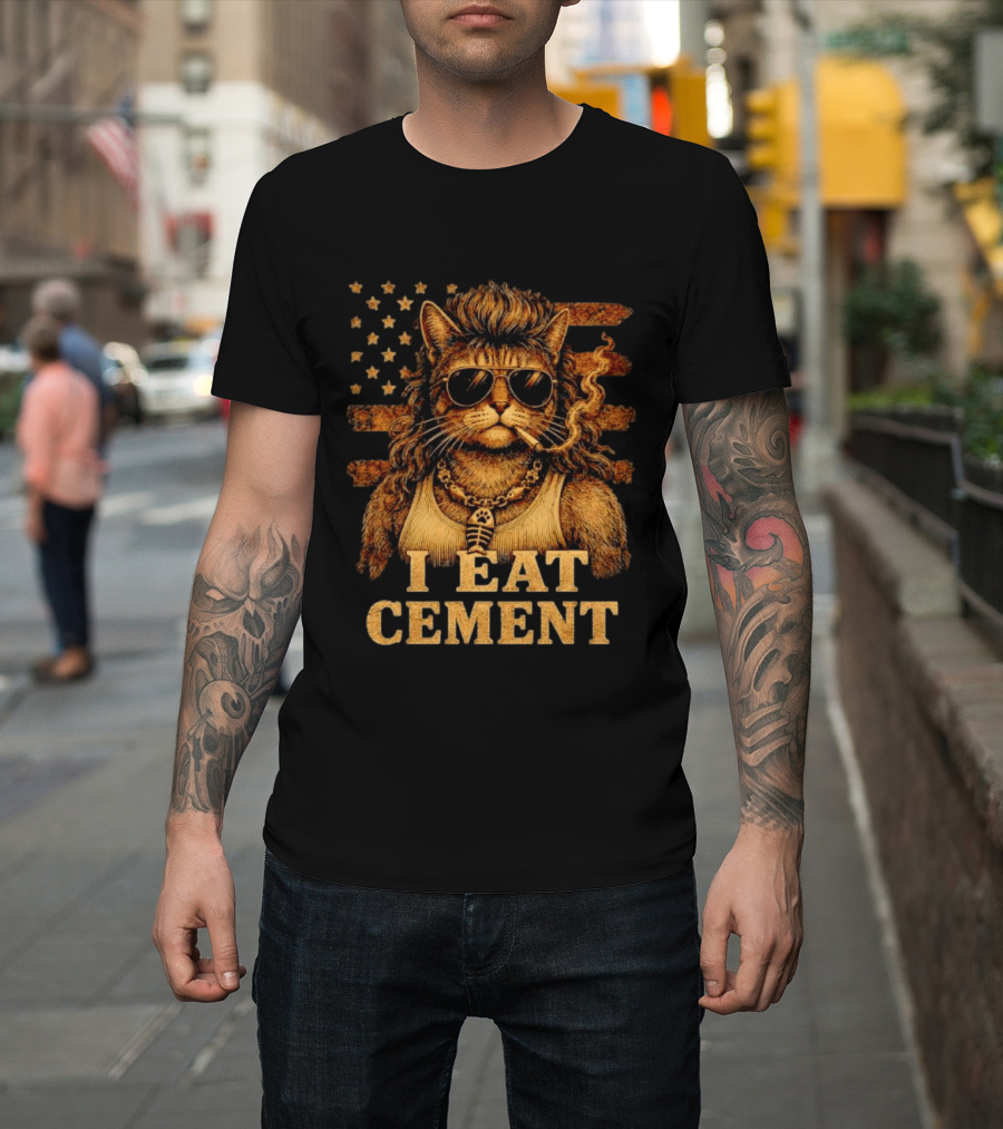 I Eat Cement Mullet Cat With Sunglasses And American Flag T-Shirt