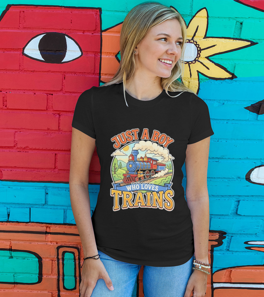 Just A Boy Who Loves Trains Colorful Locomotive Adventure T-Shirt
