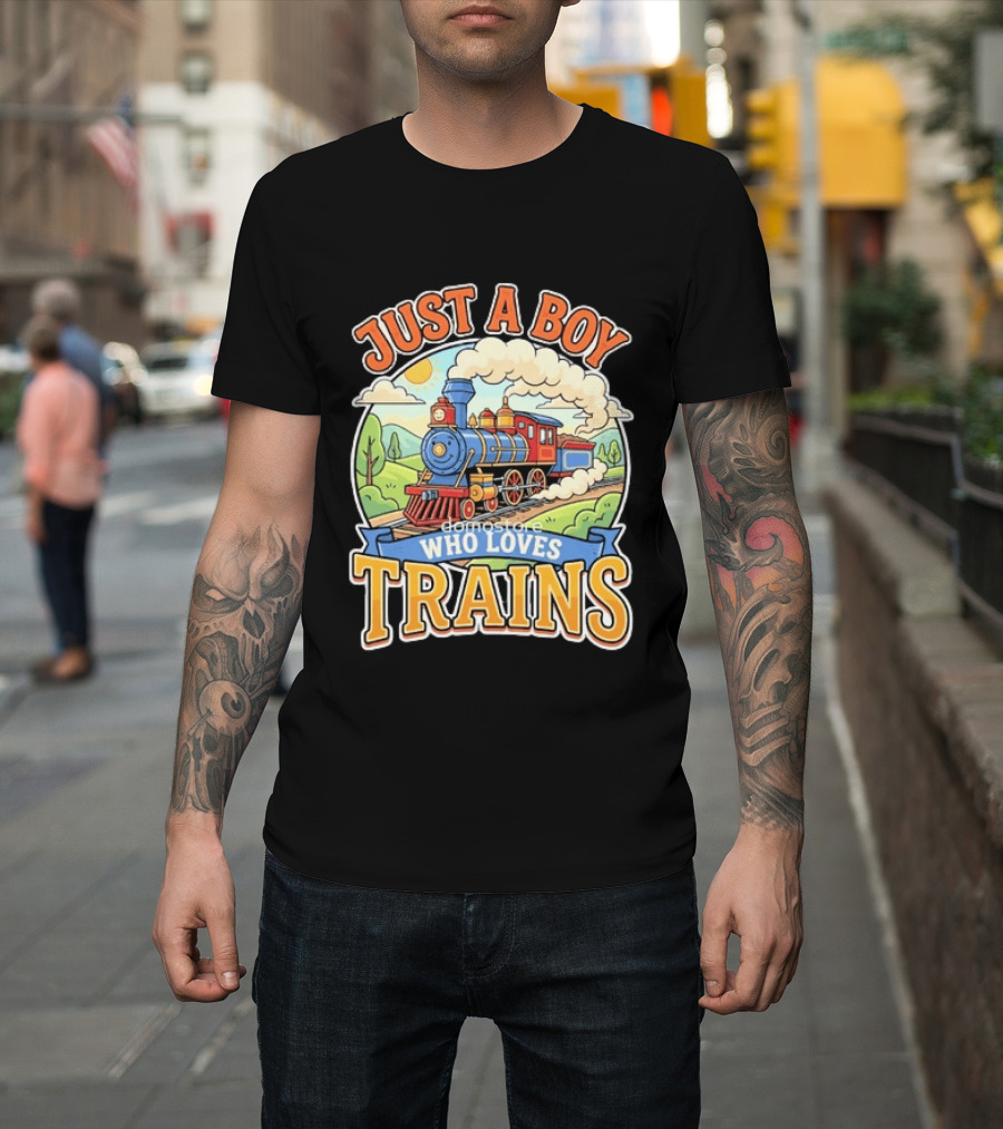 Just A Boy Who Loves Trains Colorful Locomotive Adventure T-Shirt