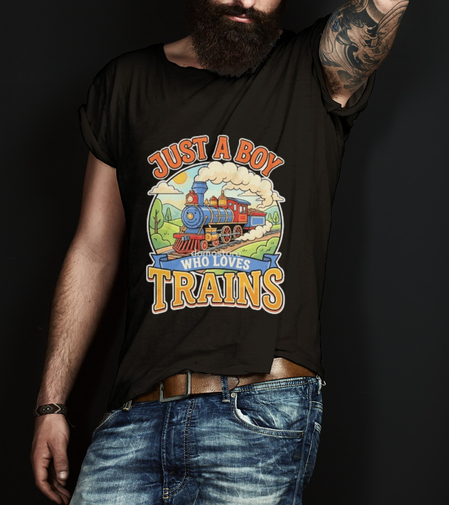 Just A Boy Who Loves Trains Colorful Locomotive Adventure T-Shirt
