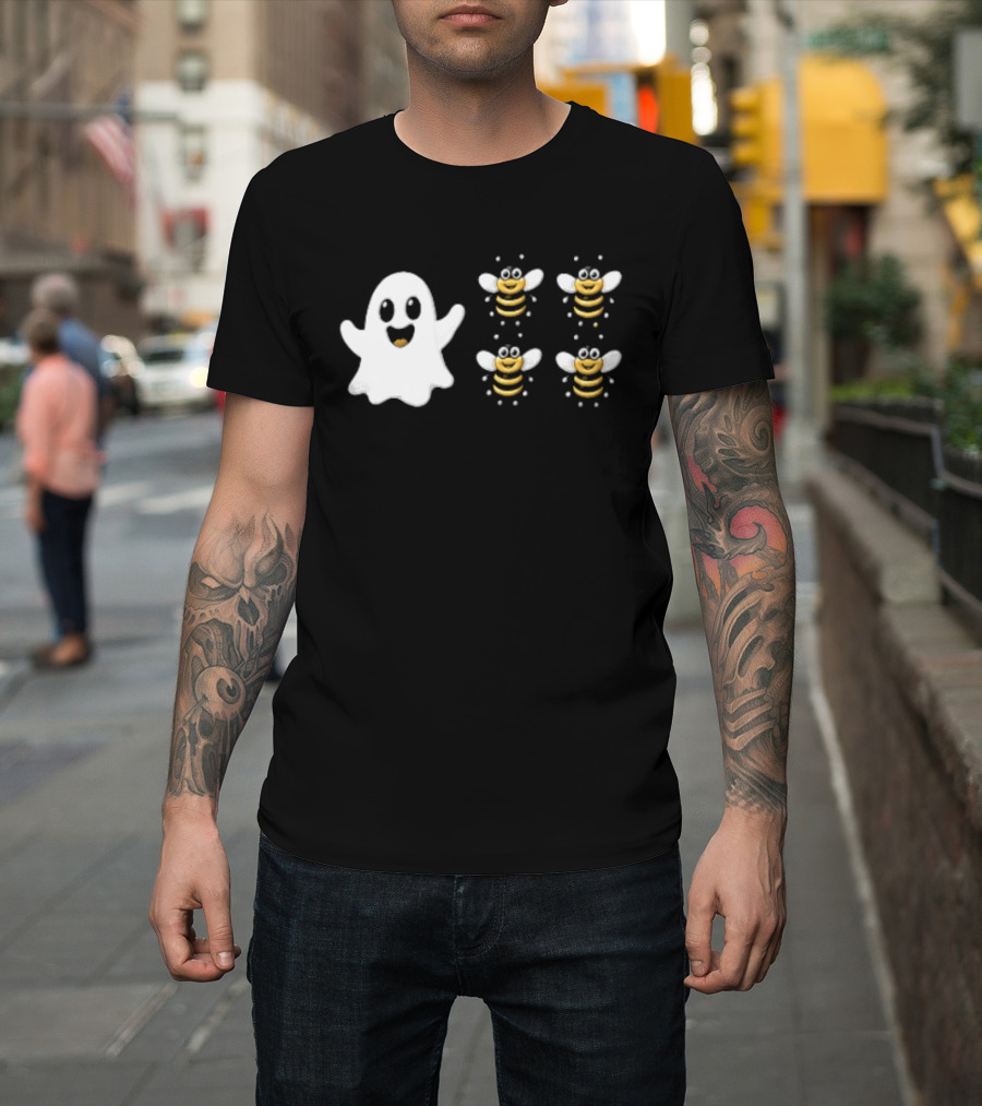 Cartoon White Ghost And Waving Four Bumblebees Cute T-Shirt