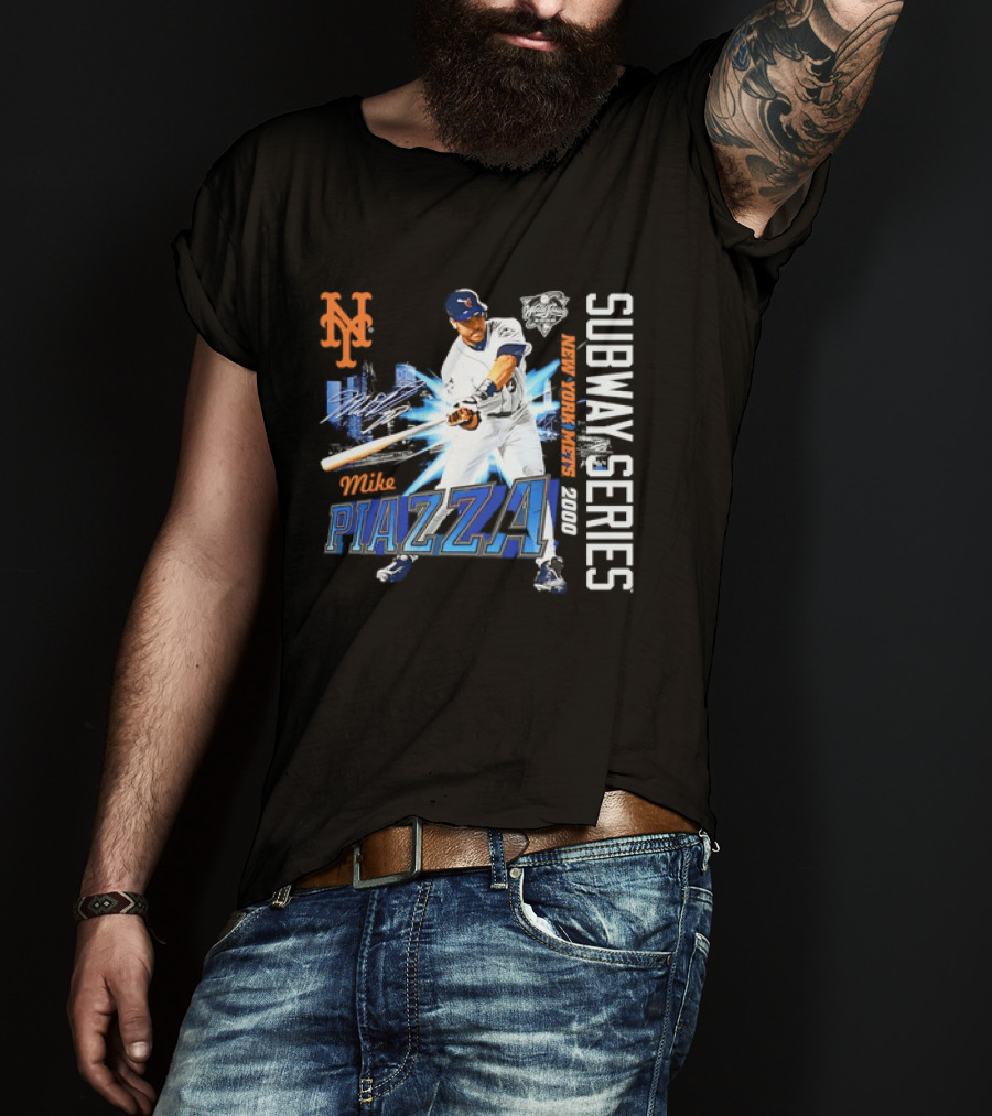 New York Mets Mike Piazza 2000 Subway Series Urban Baseball Action T-Shirt