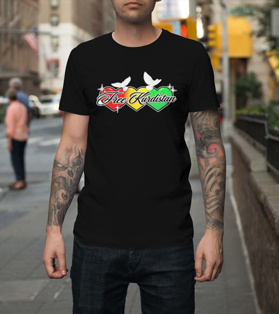 Free Kurdistan Red Yellow Green Hearts Doves T-Shirt