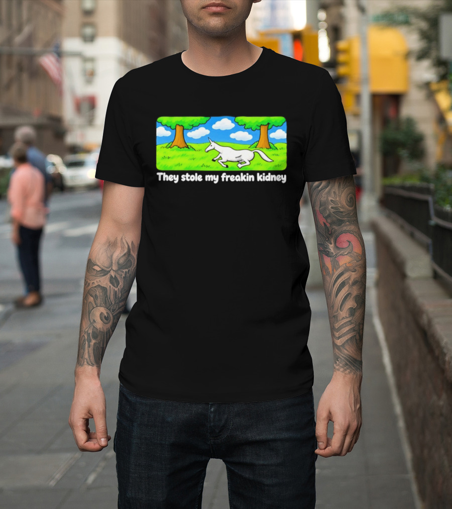 They Stole My Freakin Kidney Unicorn Cartoon Scene T-Shirt