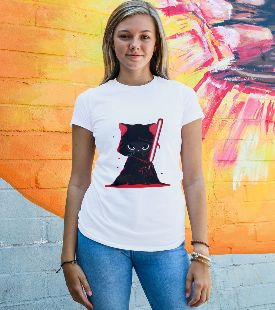 Black Cat Sith With Red Lightsaber Cloaked In Darkness T-Shirt