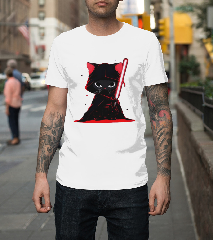 Black Cat Sith With Red Lightsaber Cloaked In Darkness T-Shirt