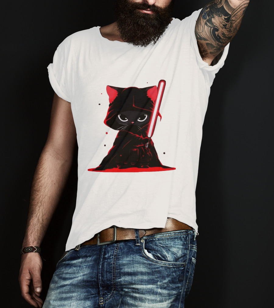 Black Cat Sith With Red Lightsaber Cloaked In Darkness T-Shirt