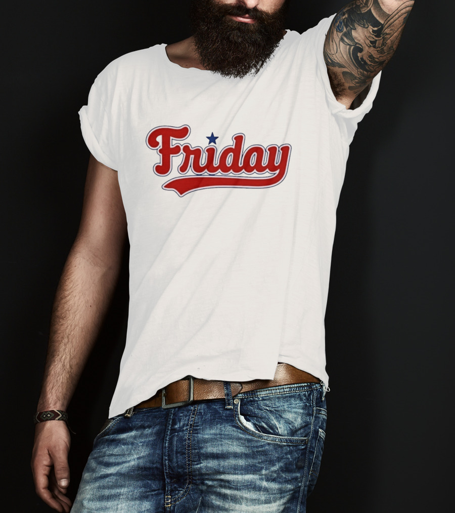 Friday Weekend Casual Baseball Style Script Red Text With Star T-Shirt