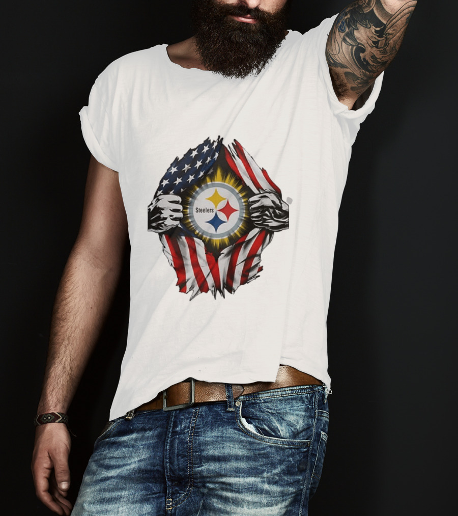 Pittsburgh Steelers American Flag Ripped Chest T-Shirt