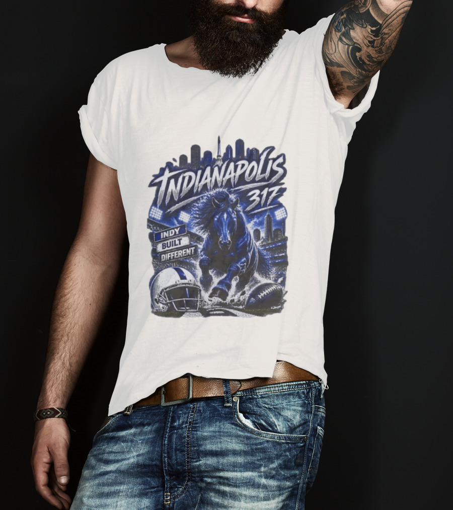 Indianapolis Colts 317 Indy Built Different Football Horse Helmet Skyline T-Shirt