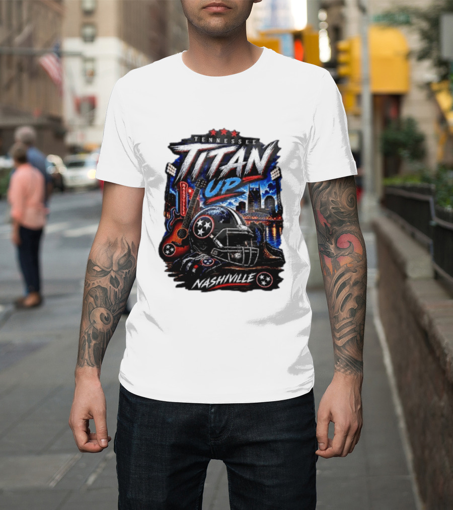 Tennessee Titan Up Football Helmet Guitar Nashville Skyline Titans T-Shirt