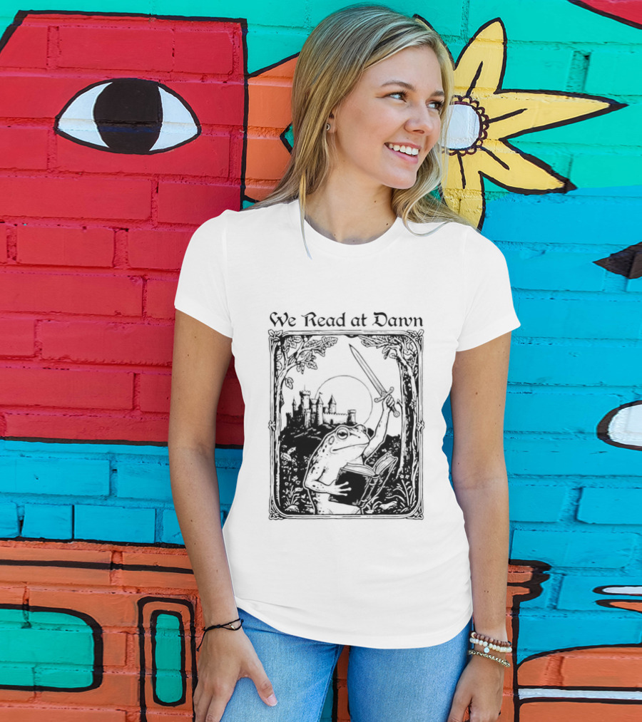 We Read At Dawn Frog Holding Sword And Book In Enchanted Forest T-Shirt