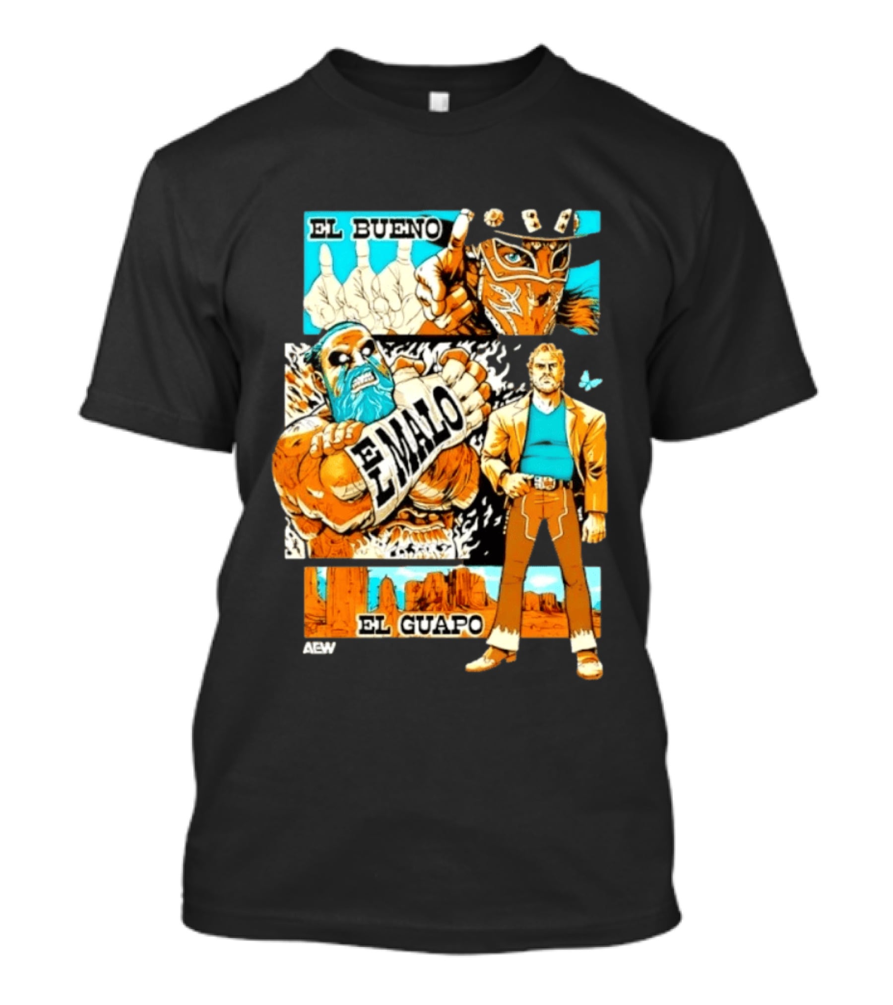 AEW El Bueno El Malo El Guapo Wrestling Comic T-Shirt