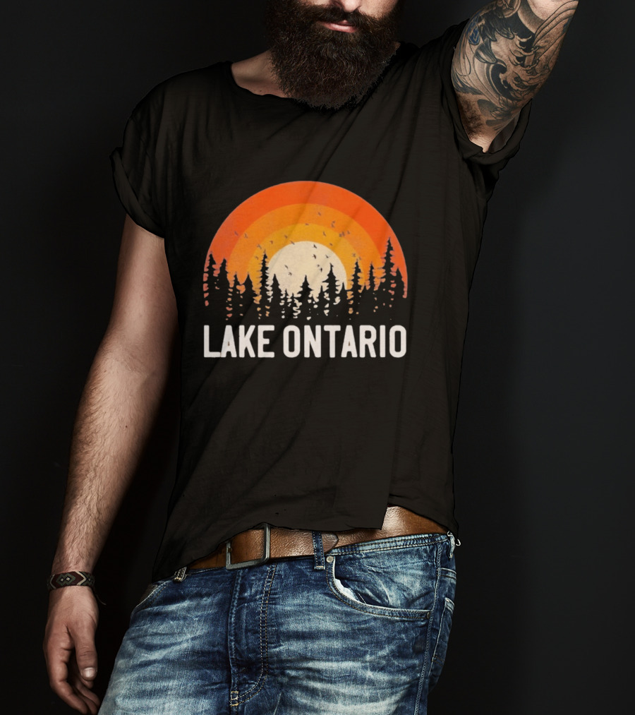 Lake Ontario Sunset Forest Birds Nature Scene With Orange Yellow Gradient T-Shirt