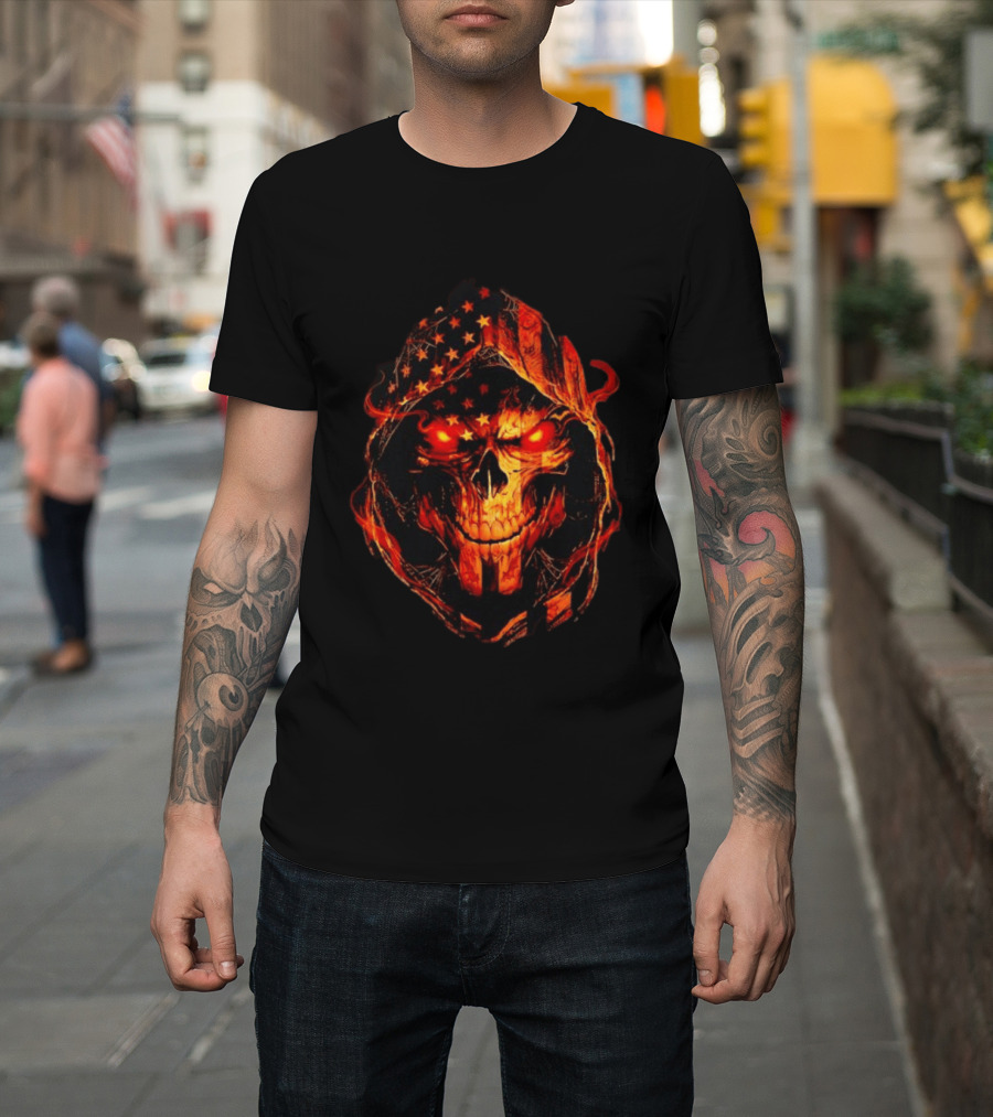 American Flag Skull Grim Reaper With Glowing Red Eyes T-Shirt
