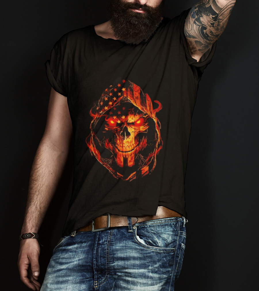 American Flag Skull Grim Reaper With Glowing Red Eyes T-Shirt