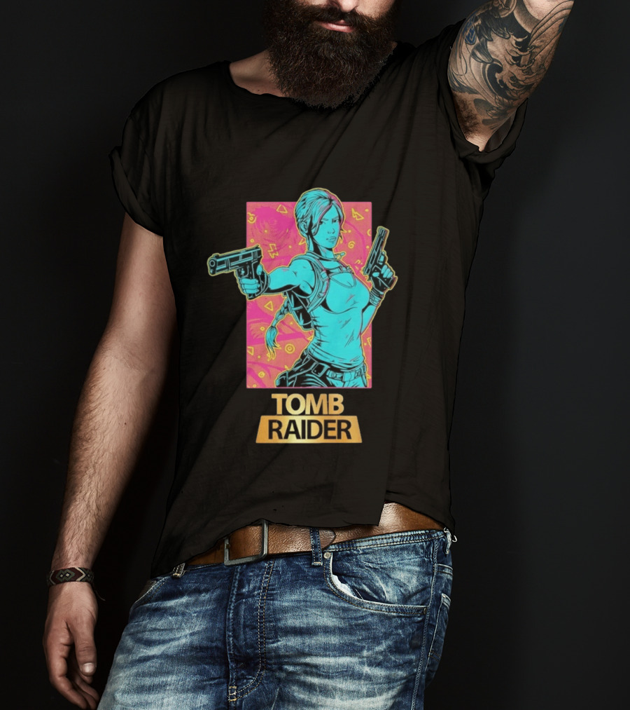 Tomb Raider Lara Croft Neon Halftone Dual Pistols T-Shirt