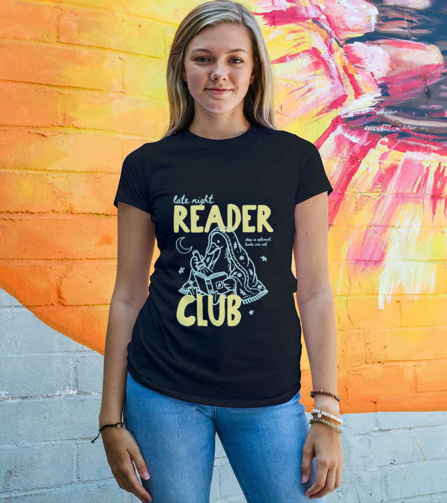 Late Night Reader Club Penguin Reading Moon Stars Sleep Is Optional Books Are Not T-Shirt