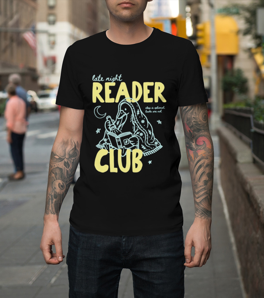 Late Night Reader Club Penguin Reading Moon Stars Sleep Is Optional Books Are Not T-Shirt