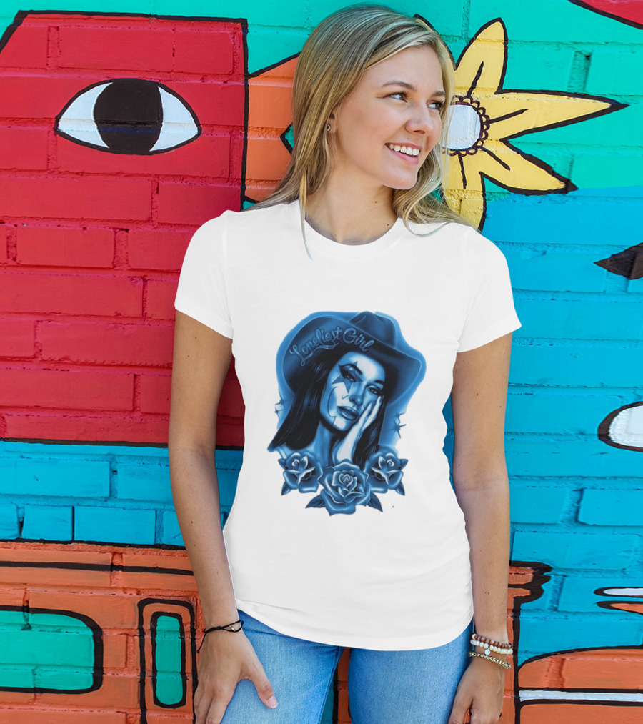 Loneliest Girl Airbrush Cowgirl In Blue With Roses T-Shirt