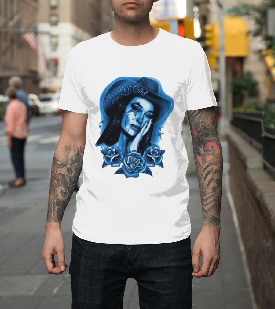 Loneliest Girl Airbrush Cowgirl In Blue With Roses T-Shirt