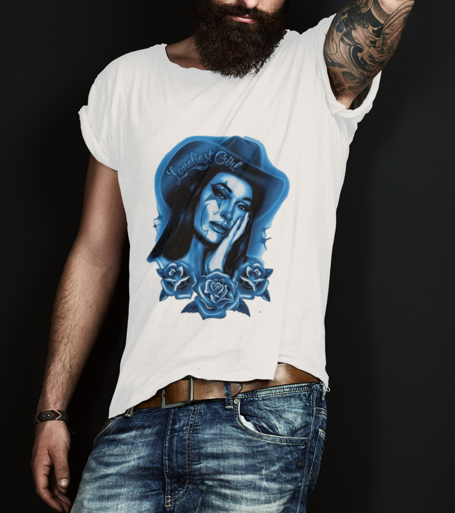 Loneliest Girl Airbrush Cowgirl In Blue With Roses T-Shirt