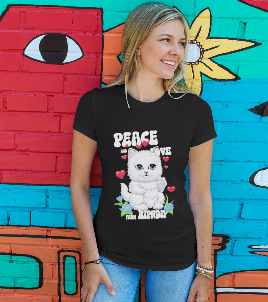 Peace And Love Ripndip Cat Kitten Hearts And Flowers T-Shirt