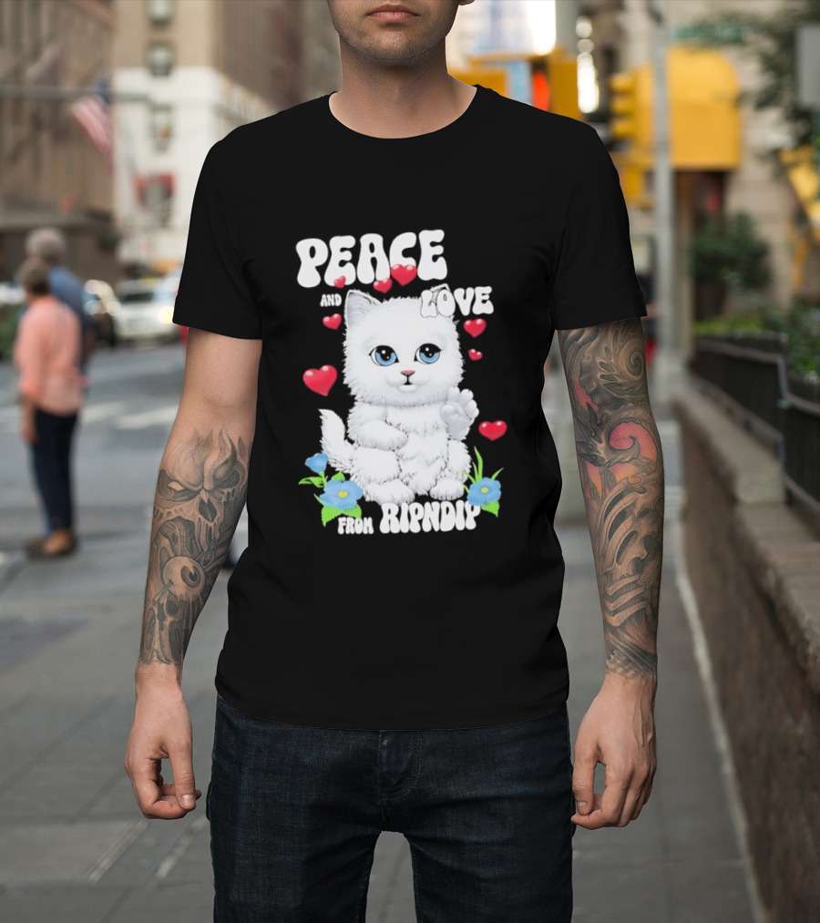 Peace And Love Ripndip Cat Kitten Hearts And Flowers T-Shirt