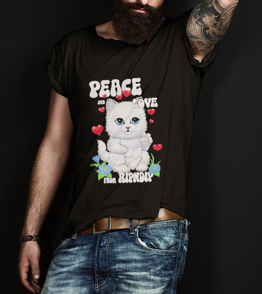 Peace And Love Ripndip Cat Kitten Hearts And Flowers T-Shirt